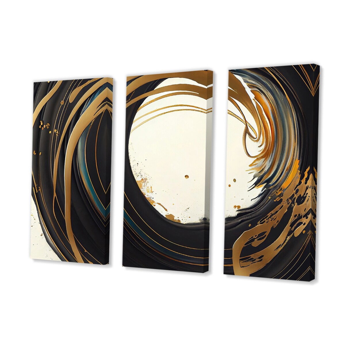 Designart "Black And Gold Circle I" Modern Spiral Canvas Art Print - 3 Panels