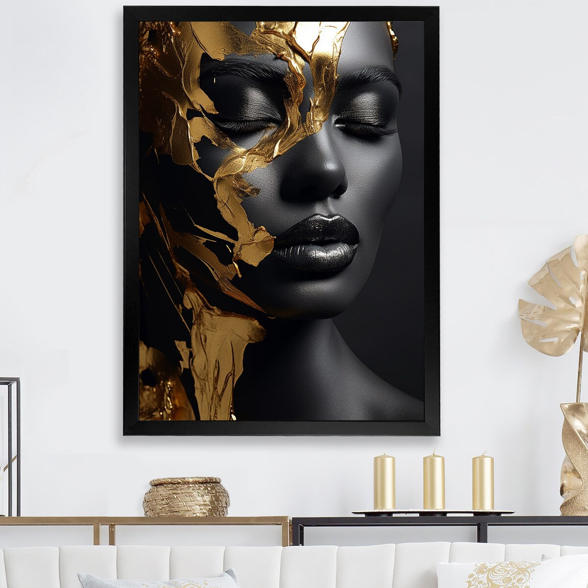 Designart "Black And Gold Gilded Woman Photo III" Woman Wall Decor Gold - Glam Living Room Framed Canvas Art