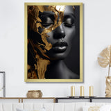 Designart "Black And Gold Gilded Woman Photo III" Woman Wall Decor Gold - Glam Living Room Framed Canvas Art