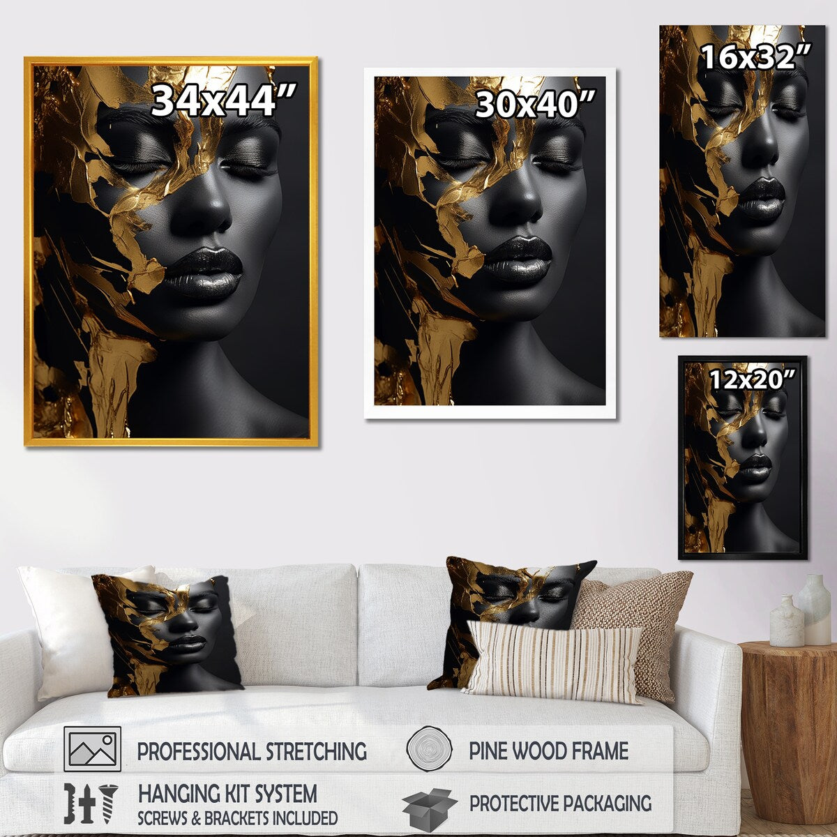 Designart "Black And Gold Gilded Woman Photo III" Woman Wall Decor Gold - Glam Living Room Framed Canvas Art