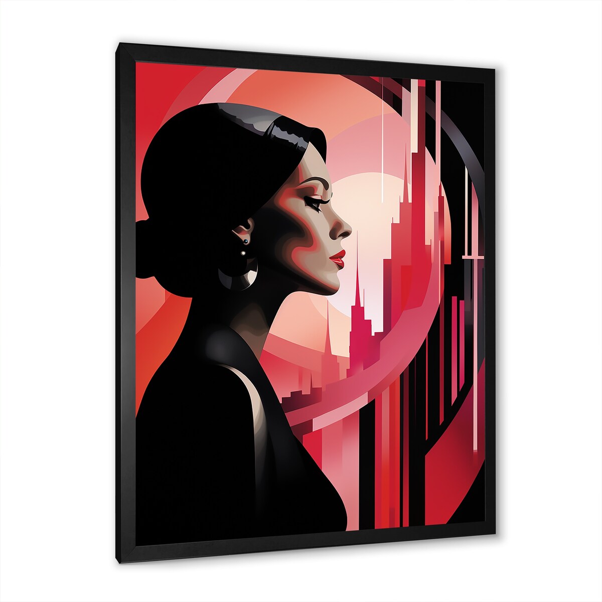 Designart "Black And Pink Art Deco Woman Beauty III" Woman Wall Decor Black - Glam Living Room Framed Canvas Art