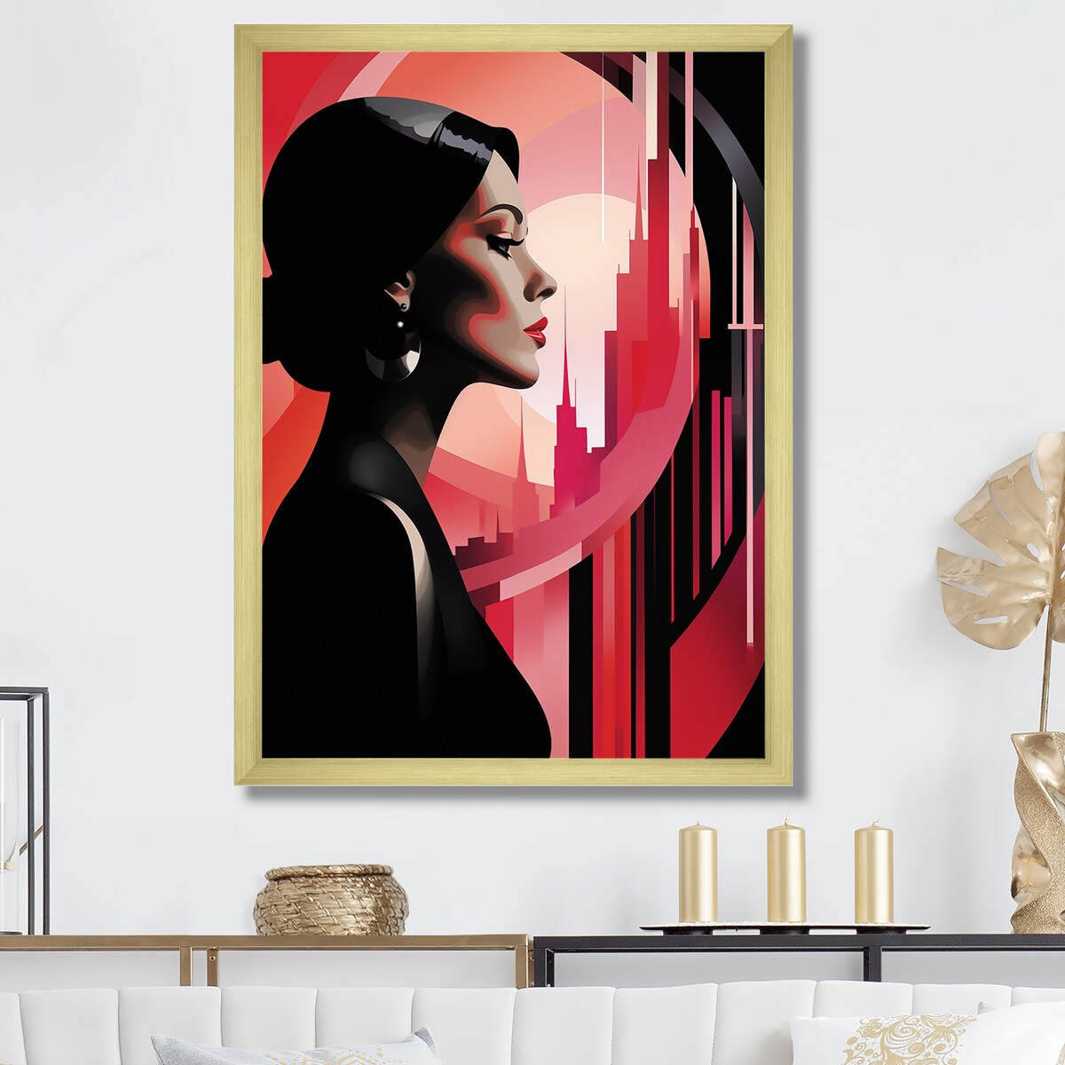 Designart "Black And Pink Art Deco Woman Beauty III" Woman Wall Decor Black - Glam Living Room Framed Canvas Art