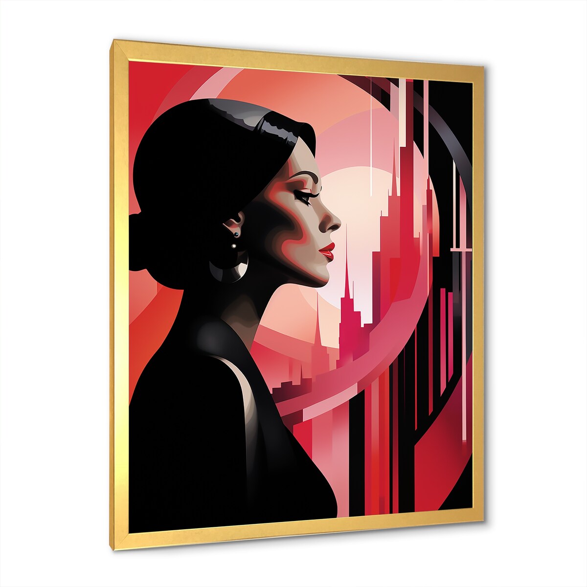 Designart "Black And Pink Art Deco Woman Beauty III" Woman Wall Decor Black - Glam Living Room Framed Canvas Art