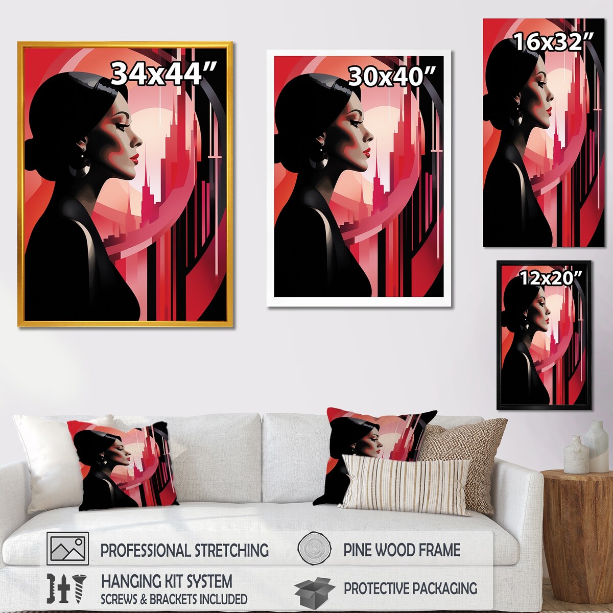 Designart "Black And Pink Art Deco Woman Beauty III" Woman Wall Decor Black - Glam Living Room Framed Canvas Art