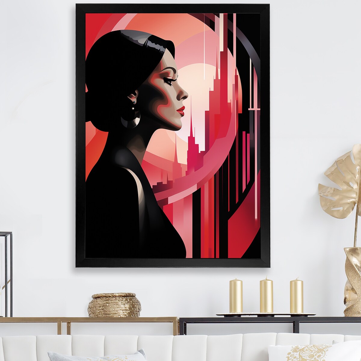 Designart "Black And Pink Art Deco Woman Beauty III" Woman Wall Decor Black - Glam Living Room Framed Canvas Art