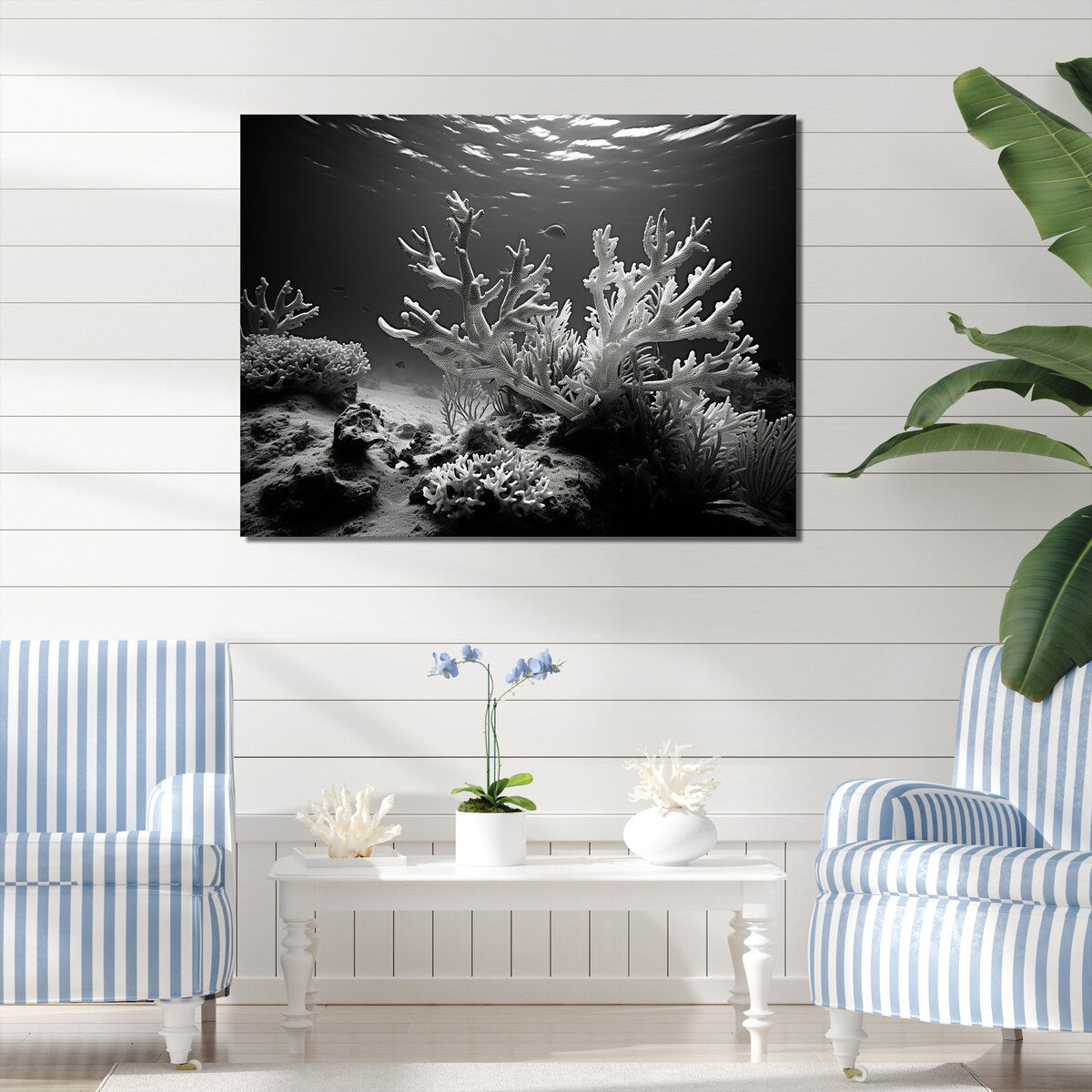 Designart "Black And White Coral Anemone Kingdom V" Coastal Coral Under Water Wall Art
