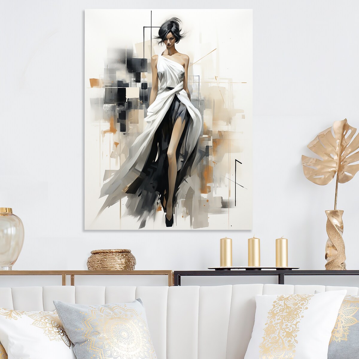 Designart "Black And White Fashion Top Model Woman Runway II" Fashion Illustration Metal Wall Art - Glam Metal Art Work