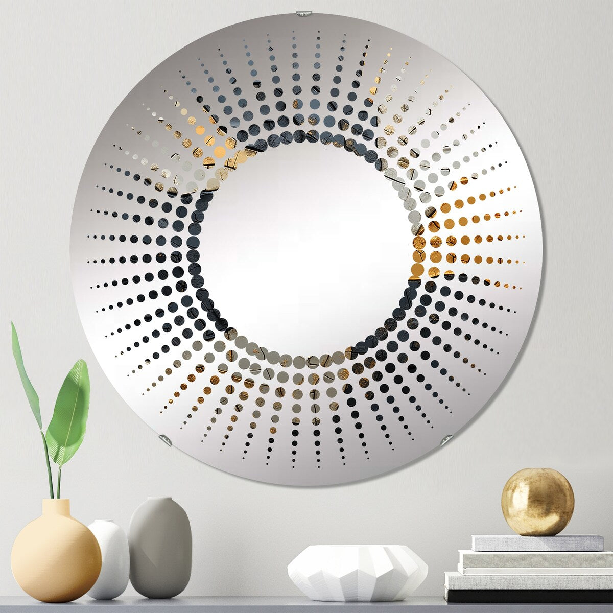 Designart "Black Gold Adorned Poteries I" Abstract Spirals Black Wall Mirror - Modern Mirror For Wall Art Decor