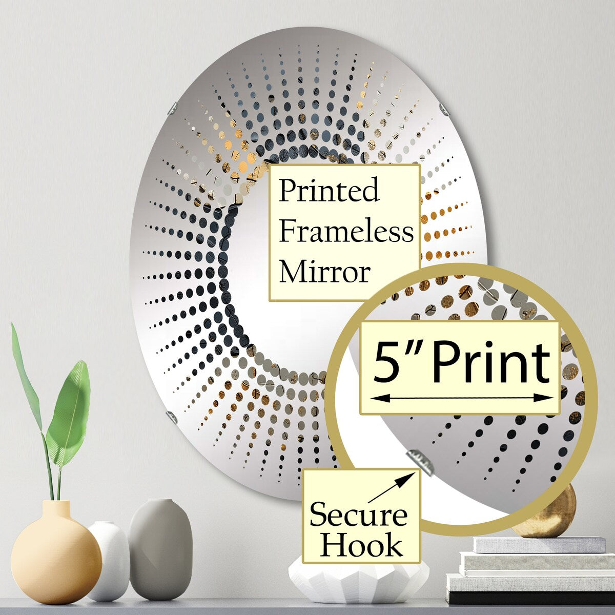 Designart "Black Gold Adorned Poteries I" Abstract Spirals Black Wall Mirror - Modern Mirror For Wall Art Decor
