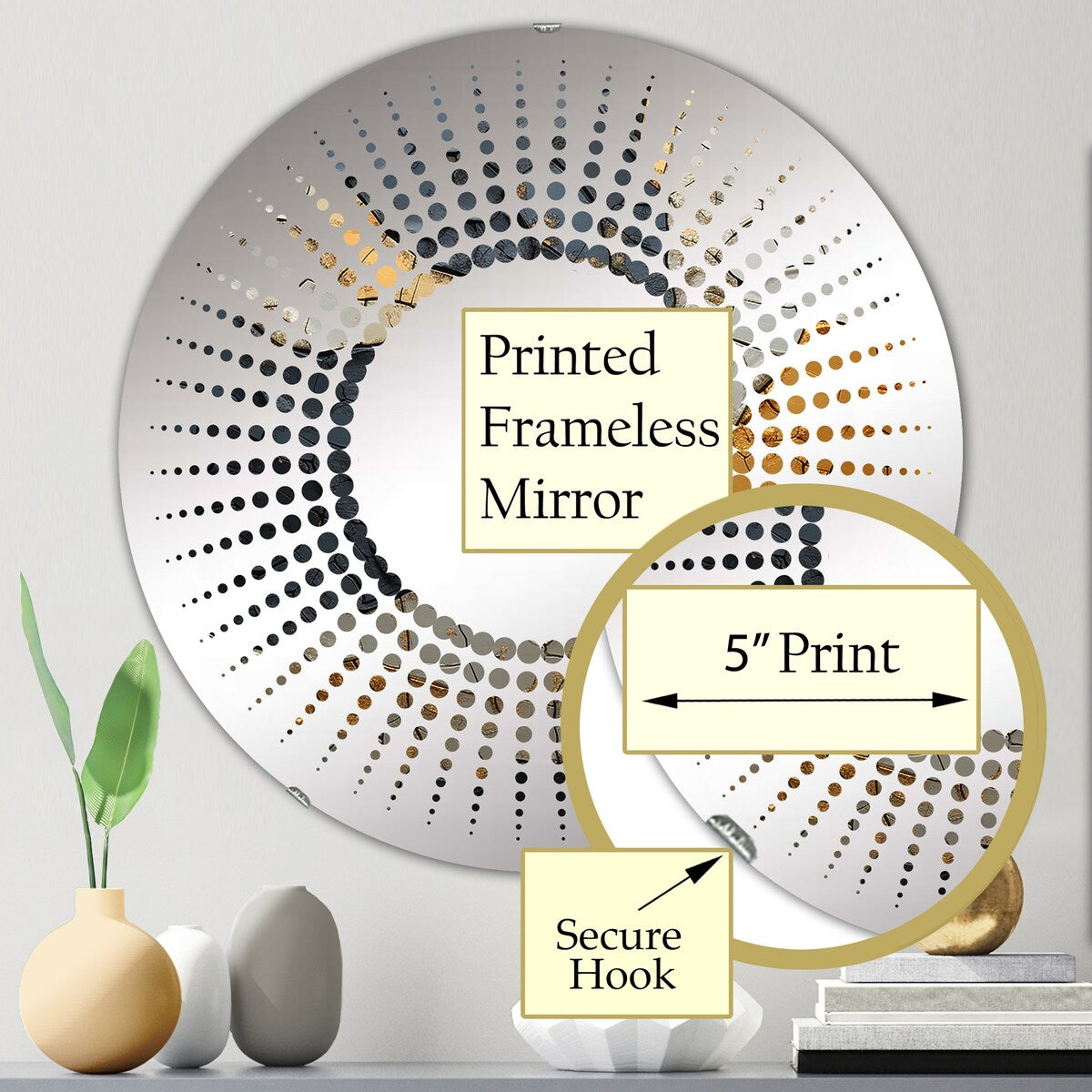 Designart "Black Gold Adorned Poteries I" Abstract Spirals Black Wall Mirror - Modern Mirror For Wall Art Decor
