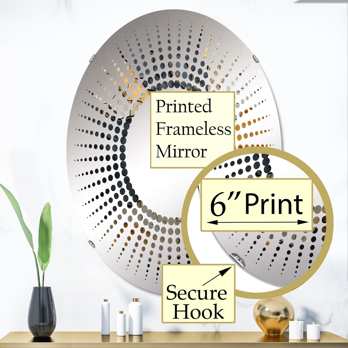 Designart "Black Gold Adorned Poteries I" Abstract Spirals Black Wall Mirror - Modern Mirror For Wall Art Decor