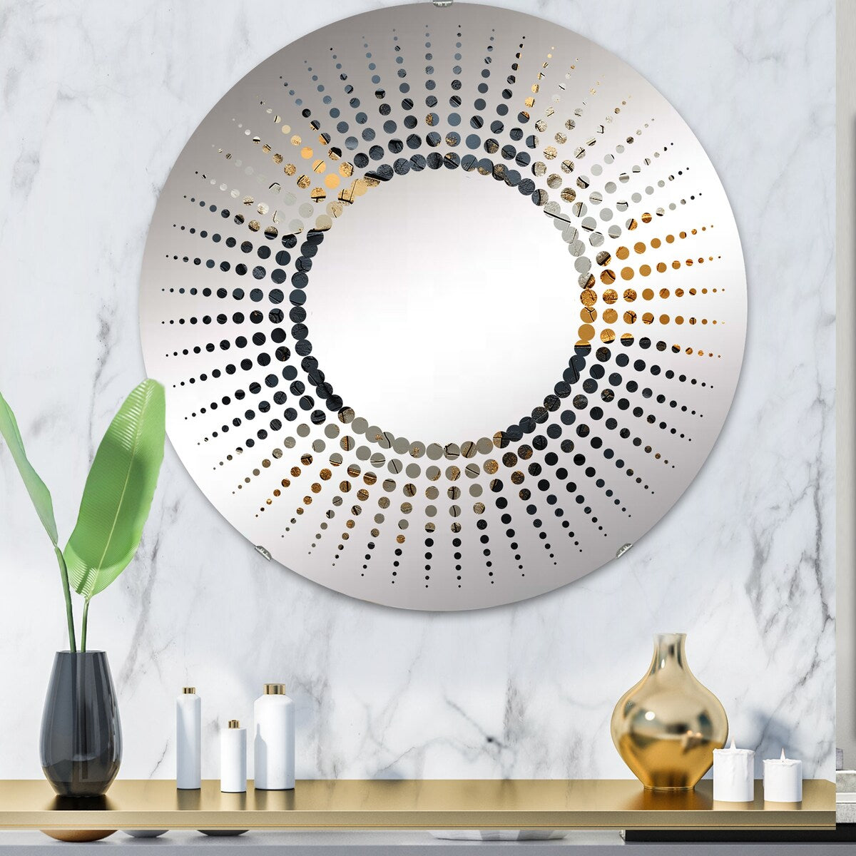 Designart "Black Gold Adorned Poteries I" Abstract Spirals Black Wall Mirror - Modern Mirror For Wall Art Decor