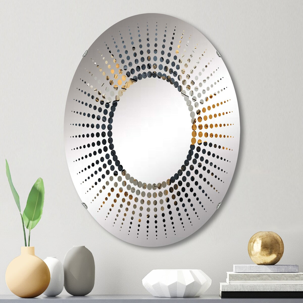 Designart "Black Gold Adorned Poteries I" Abstract Spirals Black Wall Mirror - Modern Mirror For Wall Art Decor