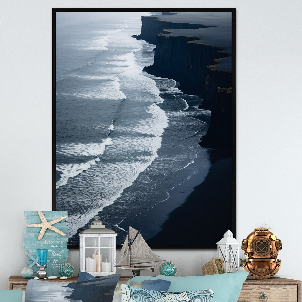 Designart "Black Sand Beach Aerial View I" Beach & Ocean White Wall Decor - Coastal Bedroom Framed Canvas Wall Art