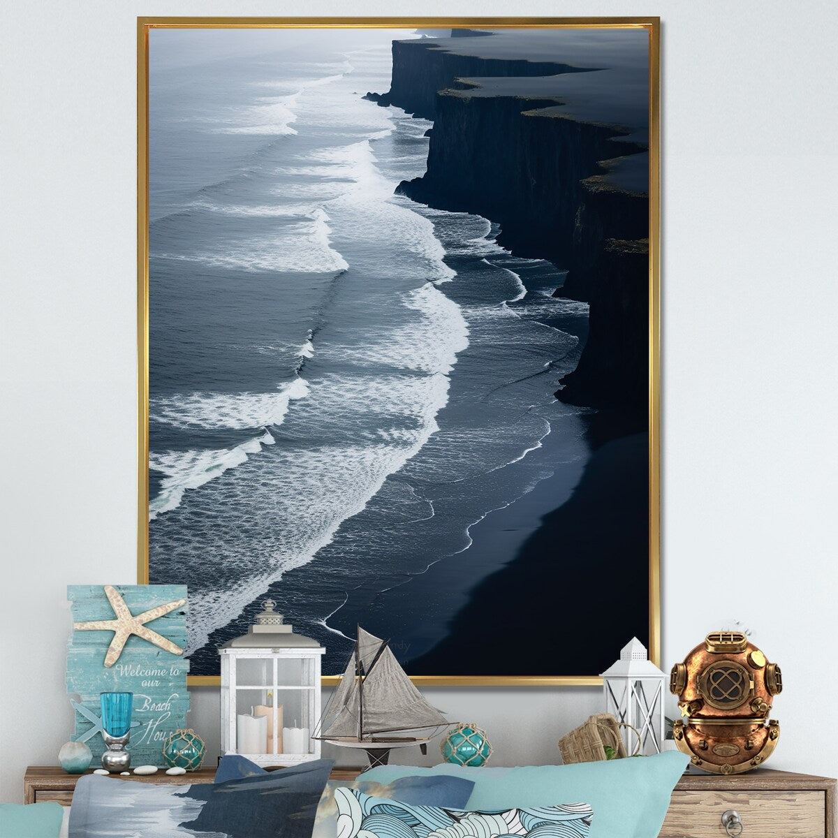Designart "Black Sand Beach Aerial View I" Beach & Ocean White Wall Decor - Coastal Bedroom Framed Canvas Wall Art