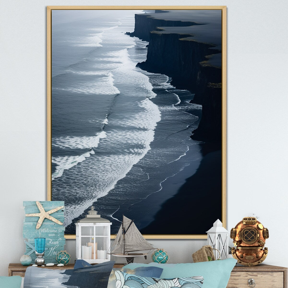 Designart "Black Sand Beach Aerial View I" Beach & Ocean White Wall Decor - Coastal Bedroom Framed Canvas Wall Art