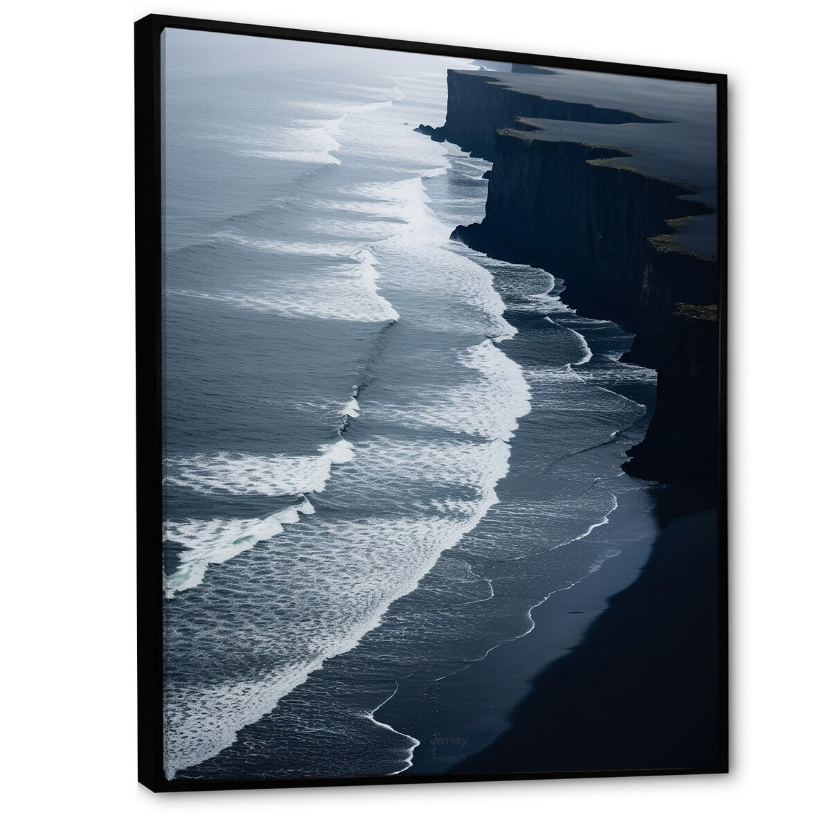 Designart "Black Sand Beach Aerial View I" Beach & Ocean White Wall Decor - Coastal Bedroom Framed Canvas Wall Art