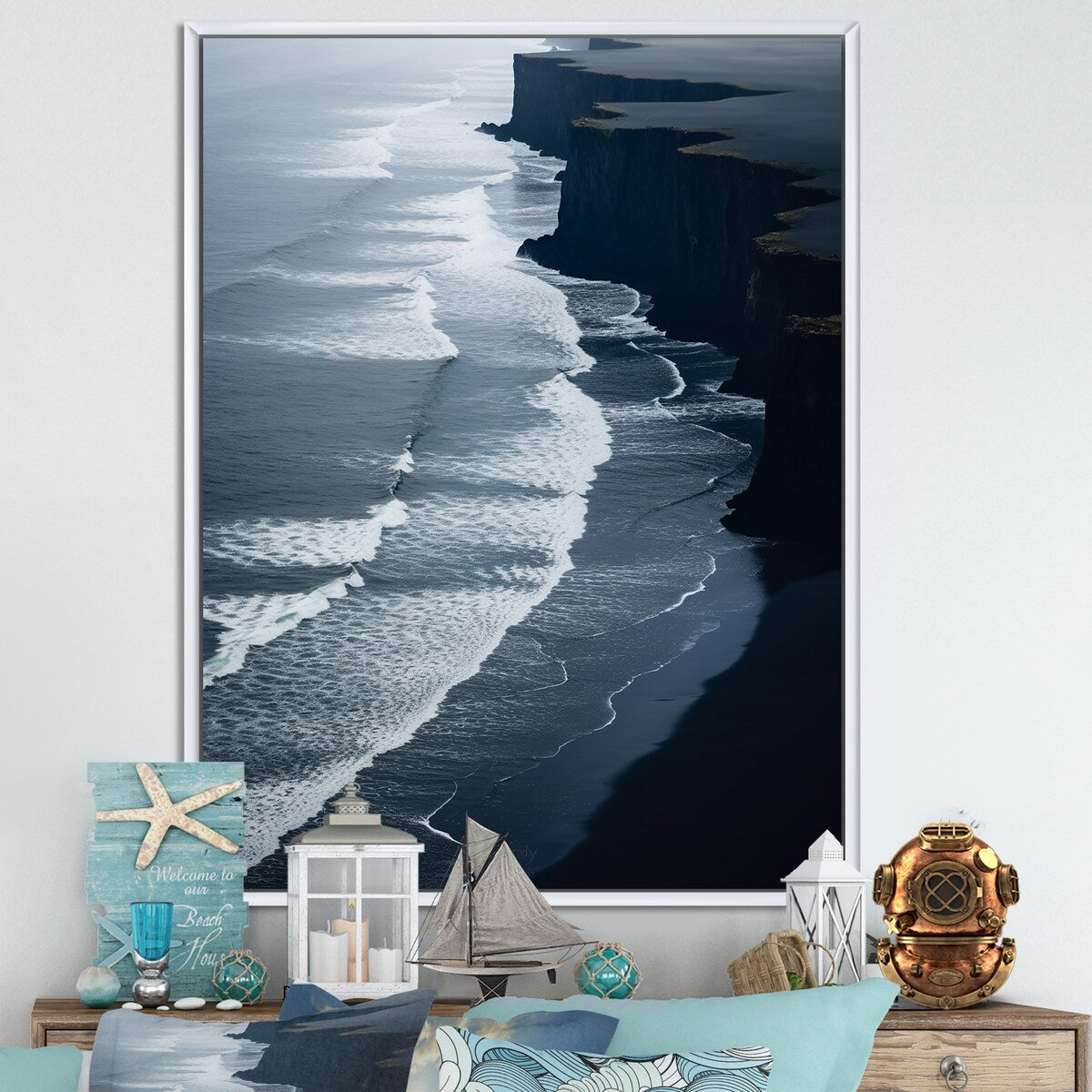 Designart "Black Sand Beach Aerial View I" Beach & Ocean White Wall Decor - Coastal Bedroom Framed Canvas Wall Art