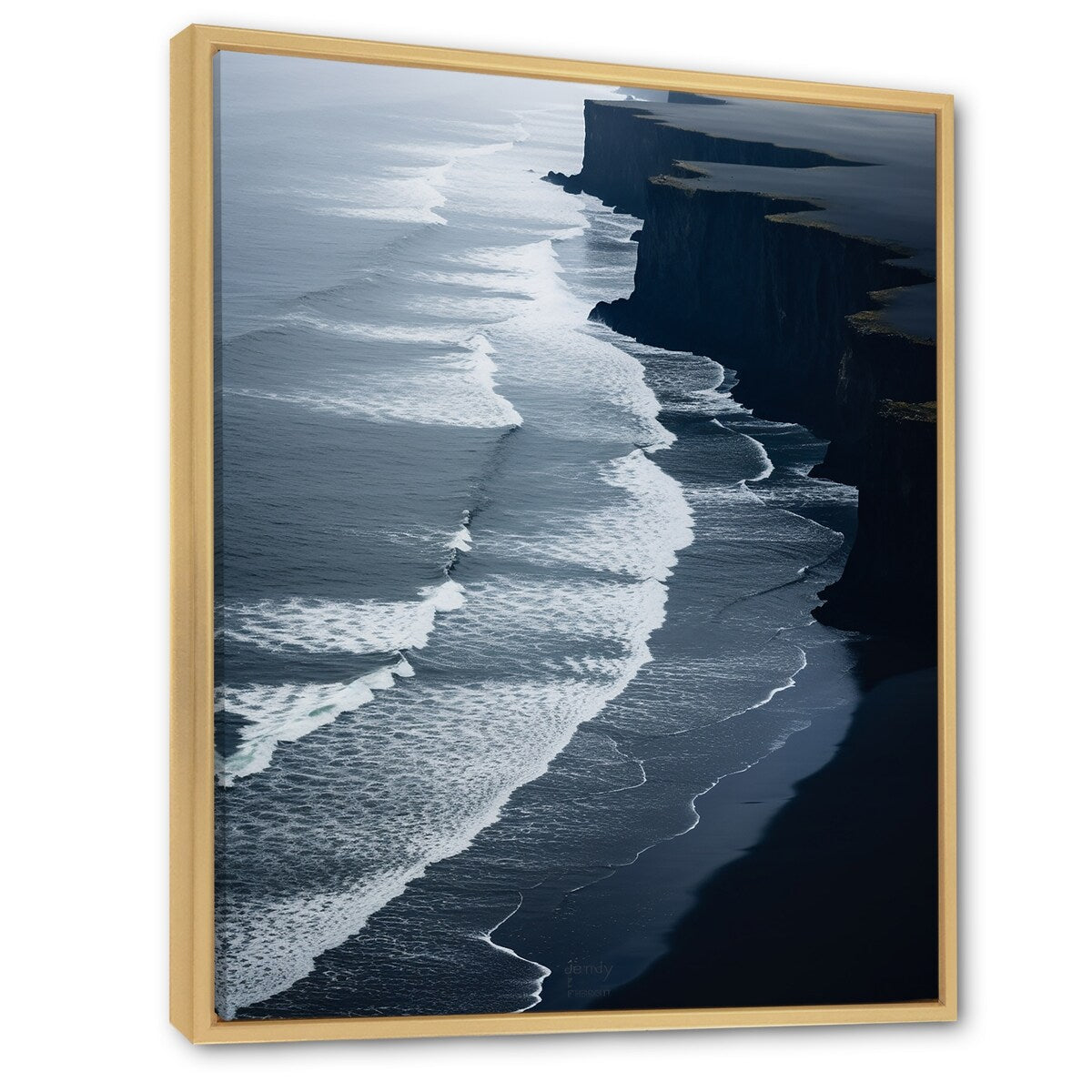 Designart "Black Sand Beach Aerial View I" Beach & Ocean White Wall Decor - Coastal Bedroom Framed Canvas Wall Art