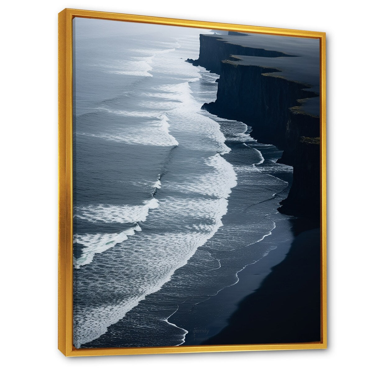 Designart "Black Sand Beach Aerial View I" Beach & Ocean White Wall Decor - Coastal Bedroom Framed Canvas Wall Art