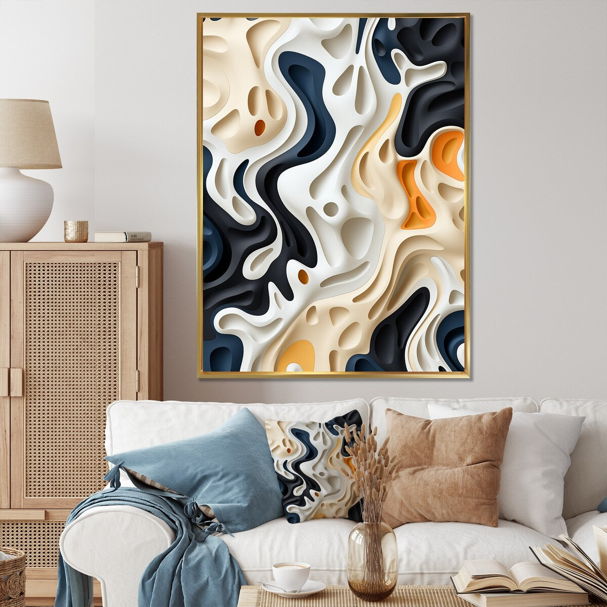 Designart "Black White Labyrinth Pattern" Abstract Framed Canvas Art Print