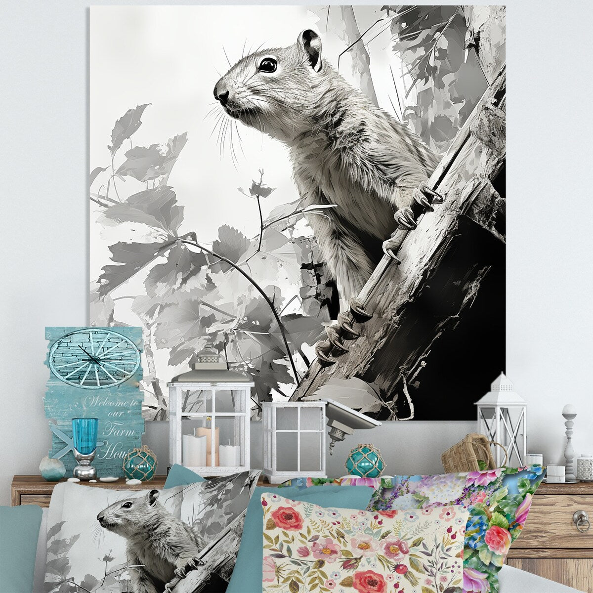 Designart "Black White Squirrel Forest Acrobat I" Squirrel Animal Metal Wall Art Grey Wall Décor Modern Metal Art Work
