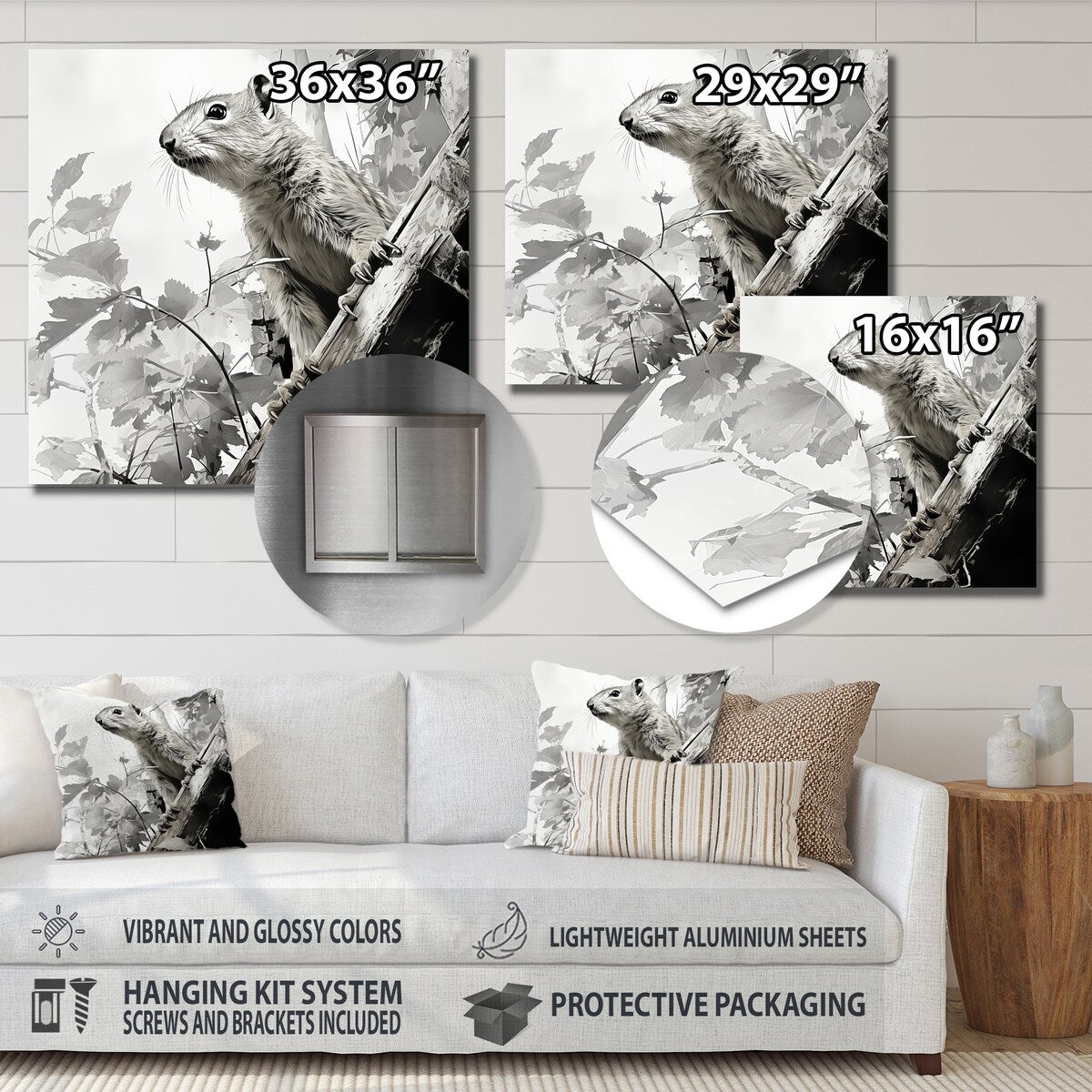 Designart "Black White Squirrel Forest Acrobat I" Squirrel Animal Metal Wall Art Grey Wall Décor Modern Metal Art Work
