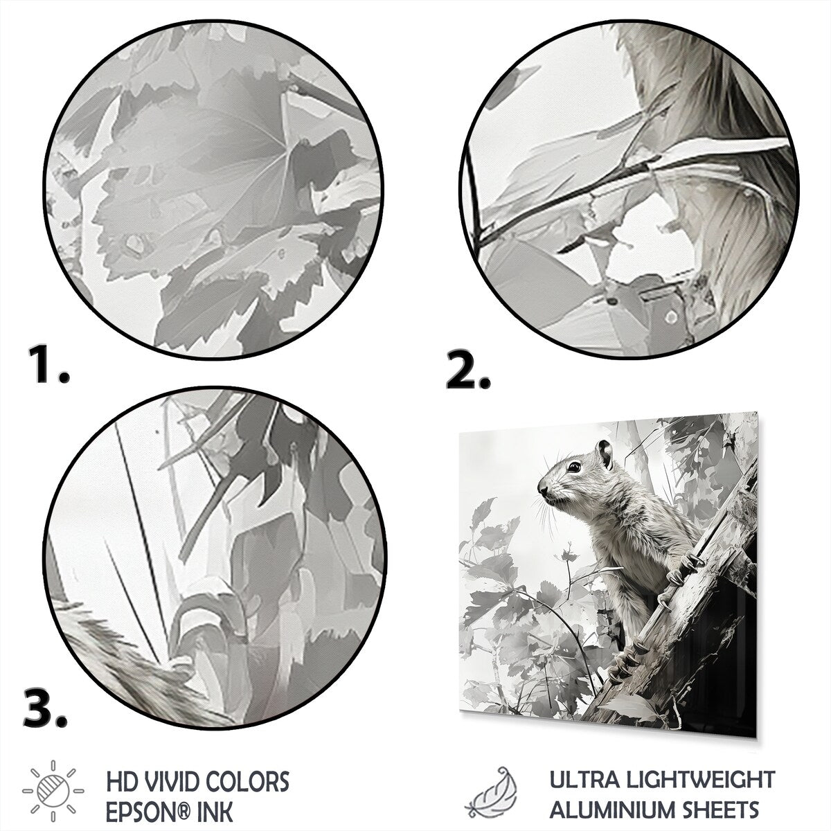 Designart "Black White Squirrel Forest Acrobat I" Squirrel Animal Metal Wall Art Grey Wall Décor Modern Metal Art Work