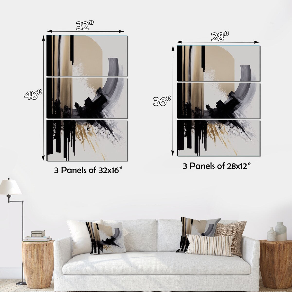 Designart "Black, White And Gold Expression IV" Modern Canvas Art Print - 3 Panels