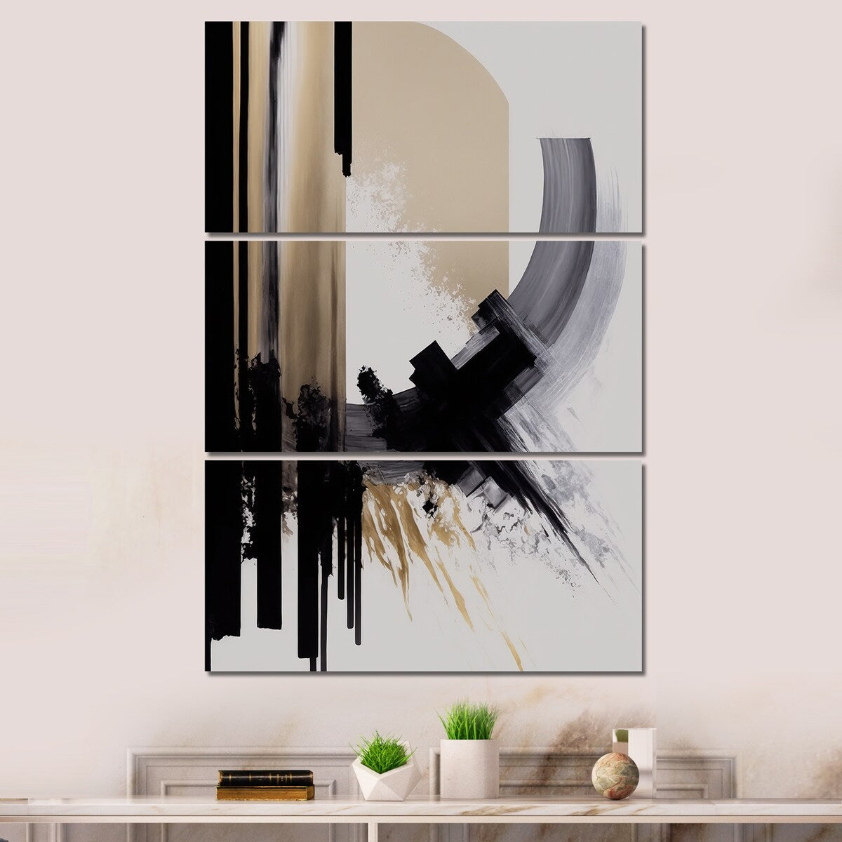 Designart "Black, White And Gold Expression IV" Modern Canvas Art Print - 3 Panels