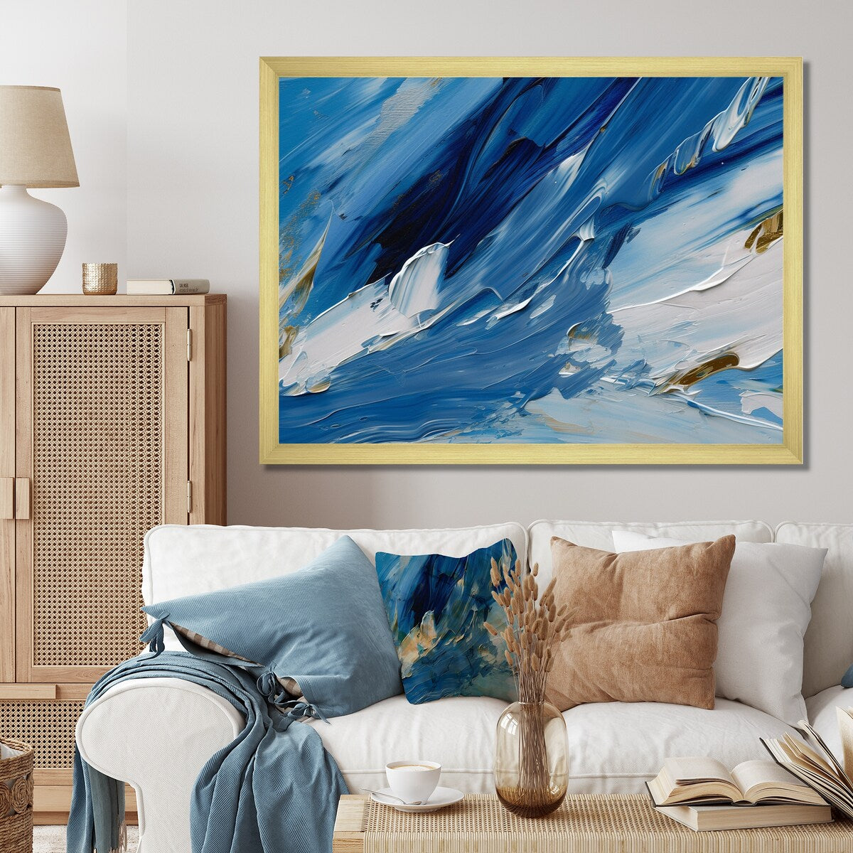 Designart "Bliss Of Happiness Abstract In Retro Blue" Abstract Painting Framed Wall Decor