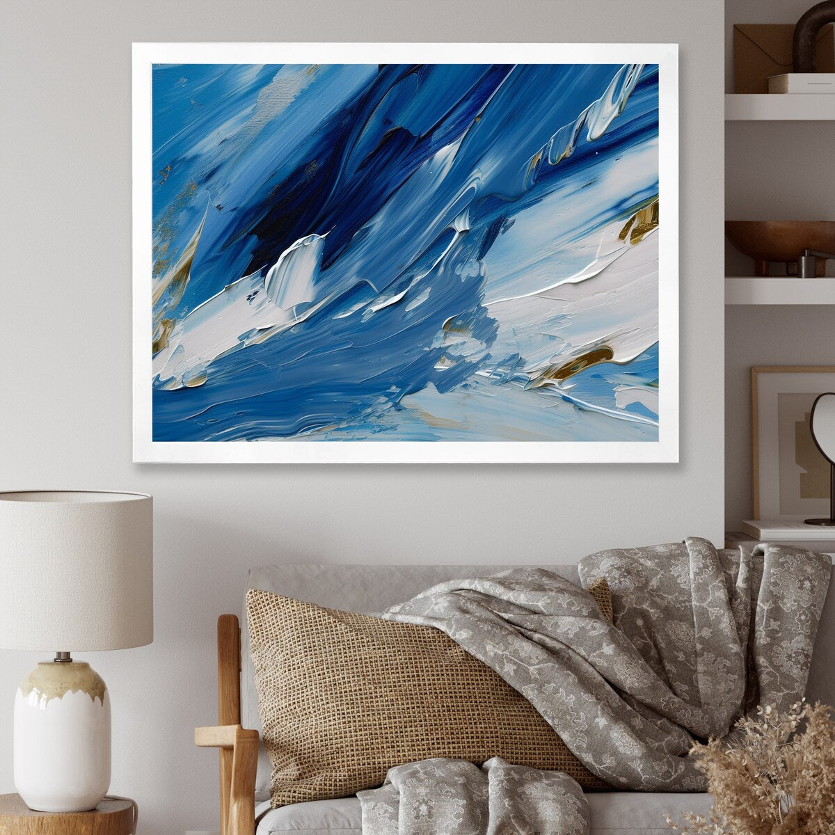 Designart "Bliss Of Happiness Abstract In Retro Blue" Abstract Painting Framed Wall Decor