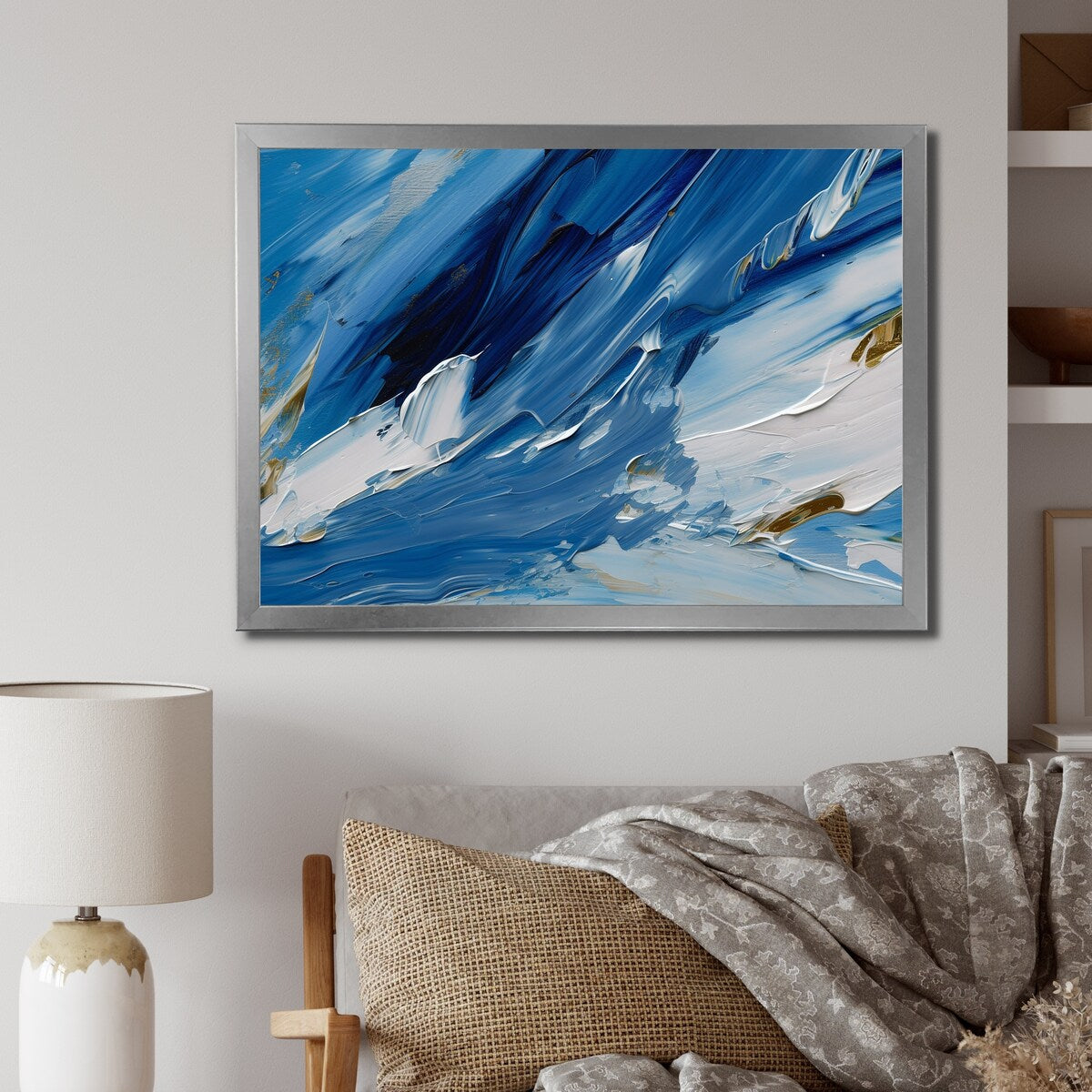 Designart "Bliss Of Happiness Abstract In Retro Blue" Abstract Painting Framed Wall Decor