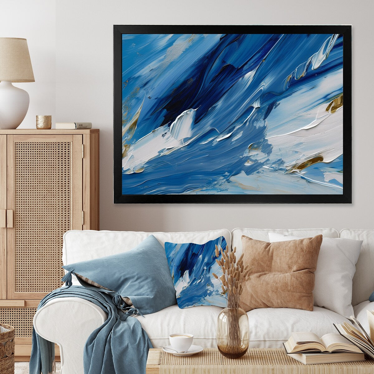 Designart "Bliss Of Happiness Abstract In Retro Blue" Abstract Painting Framed Wall Decor