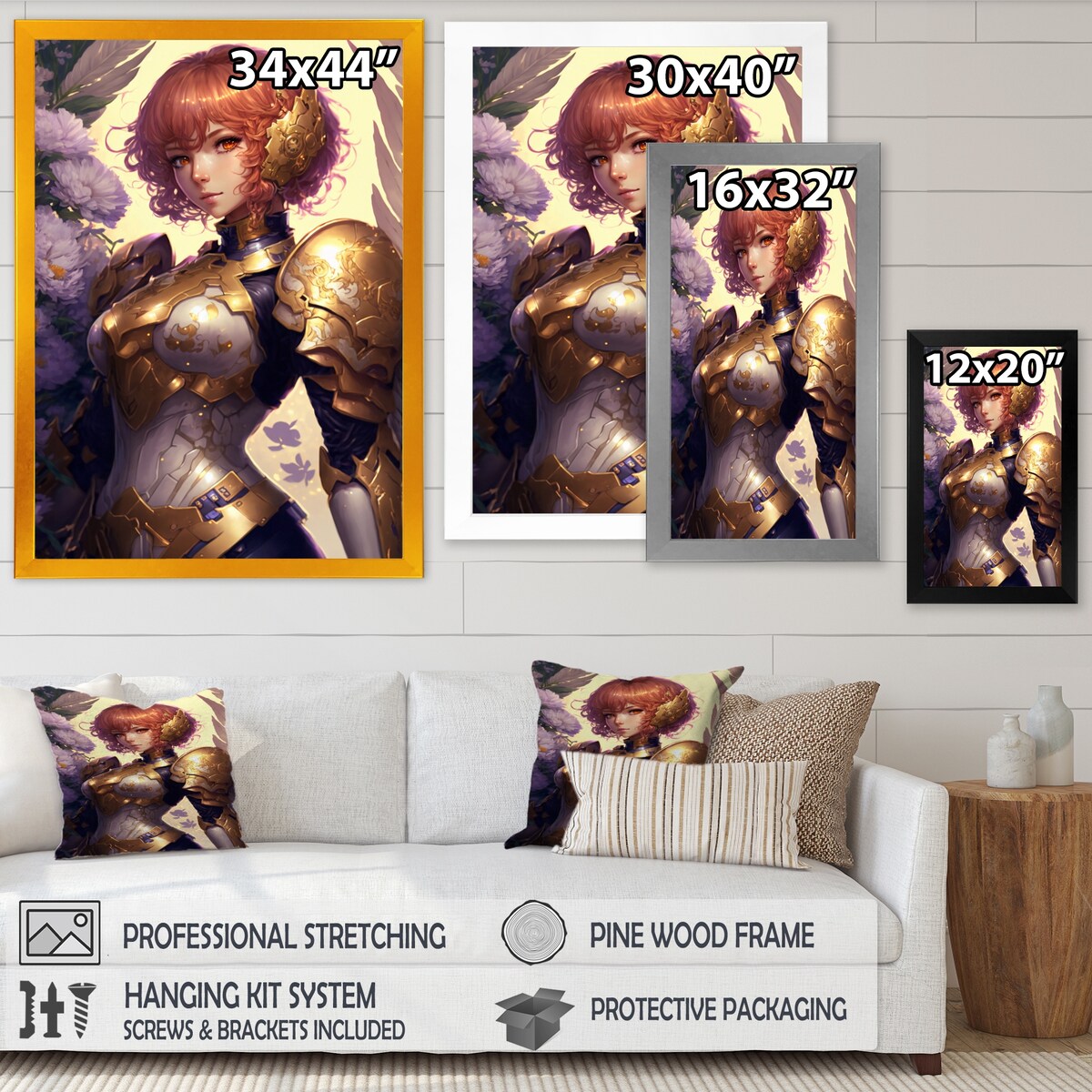 Designart "Blonde Anime Seiya With Wings And Armor IV" Woman Fantasy Framed Canvas Wall Art