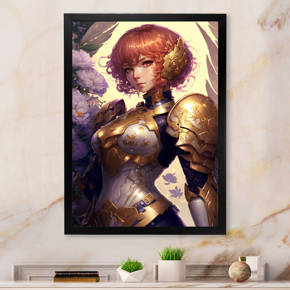 Designart "Blonde Anime Seiya With Wings And Armor IV" Woman Fantasy Framed Canvas Wall Art