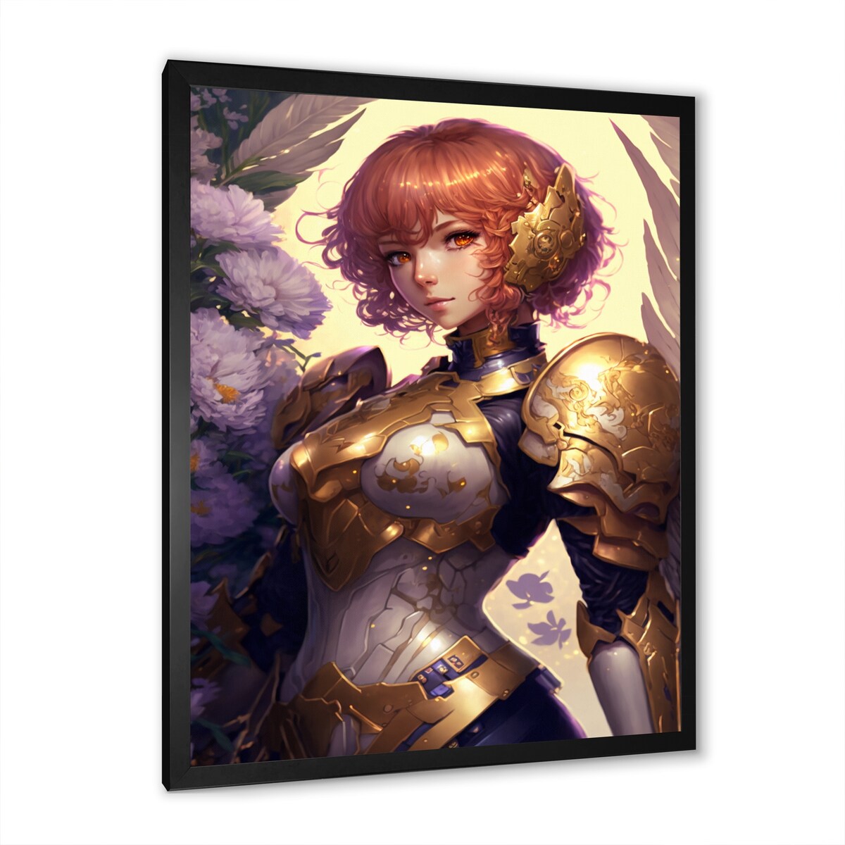 Designart "Blonde Anime Seiya With Wings And Armor IV" Woman Fantasy Framed Canvas Wall Art