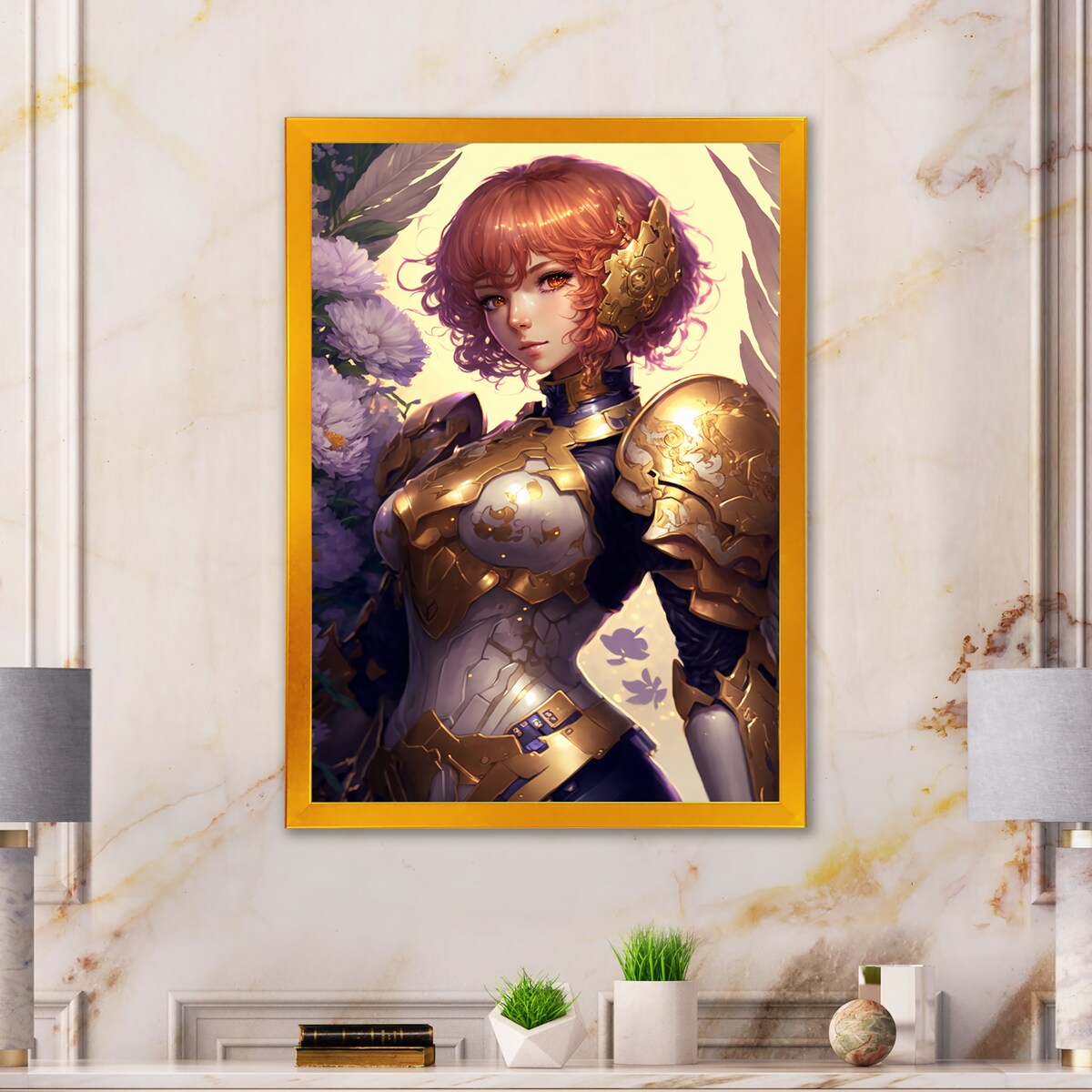 Designart "Blonde Anime Seiya With Wings And Armor IV" Woman Fantasy Framed Canvas Wall Art