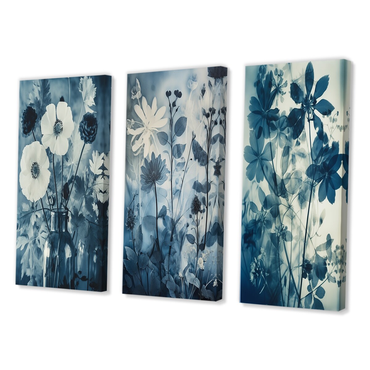 Designart "Blooming Anemones Flowers Blue Vintage Botanical" Flowers Blue - Printed Art Set Of 3 For Bedroom