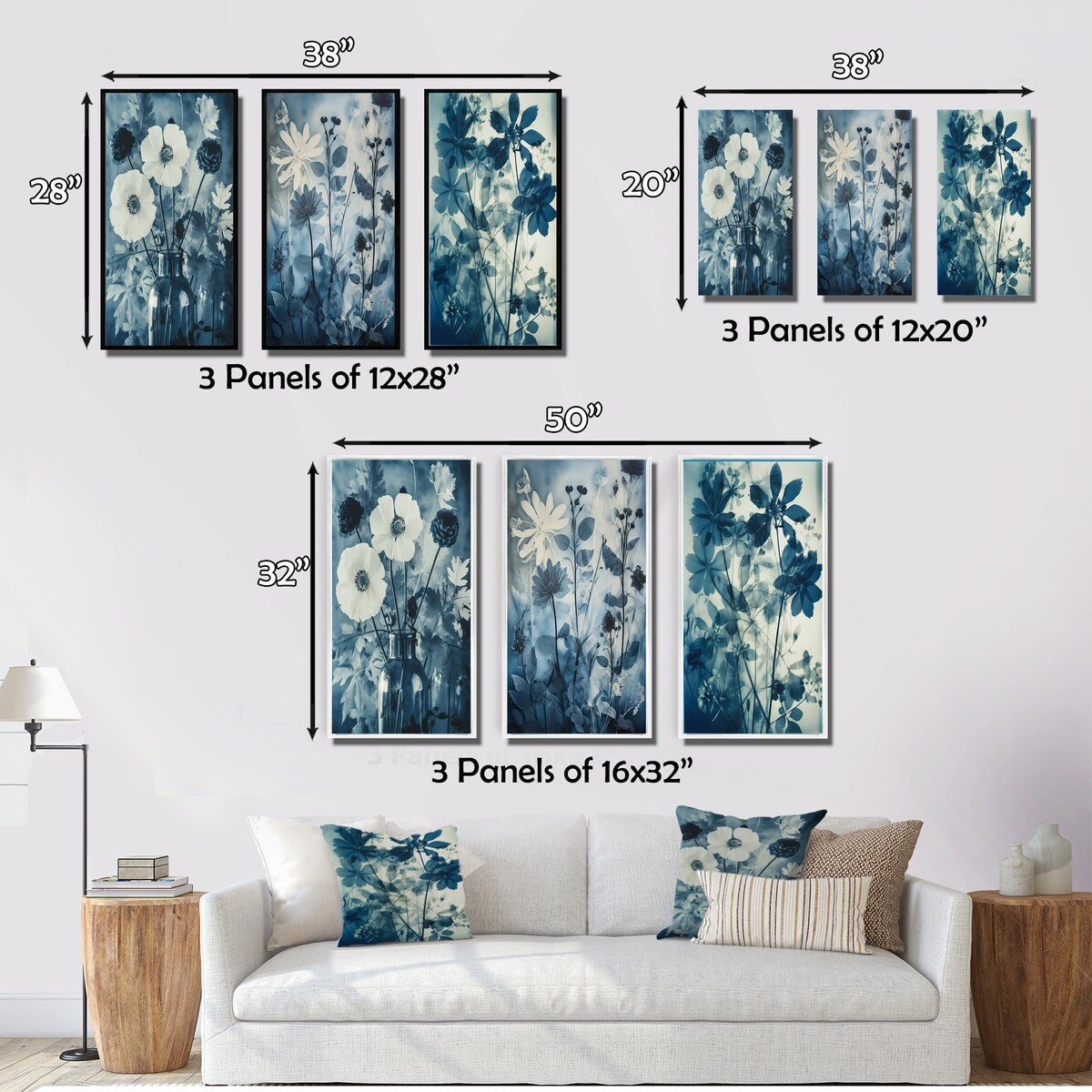 Designart "Blooming Anemones Flowers Blue Vintage Botanical" Flowers Blue - Printed Art Set Of 3 For Bedroom