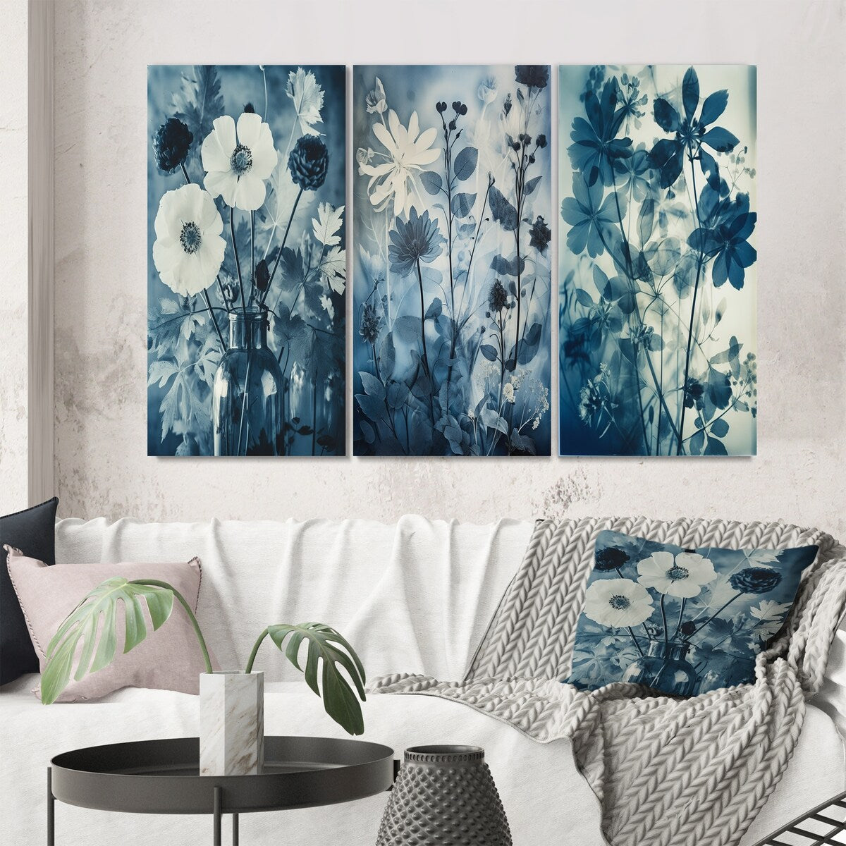Designart "Blooming Anemones Flowers Blue Vintage Botanical" Flowers Blue - Printed Art Set Of 3 For Bedroom