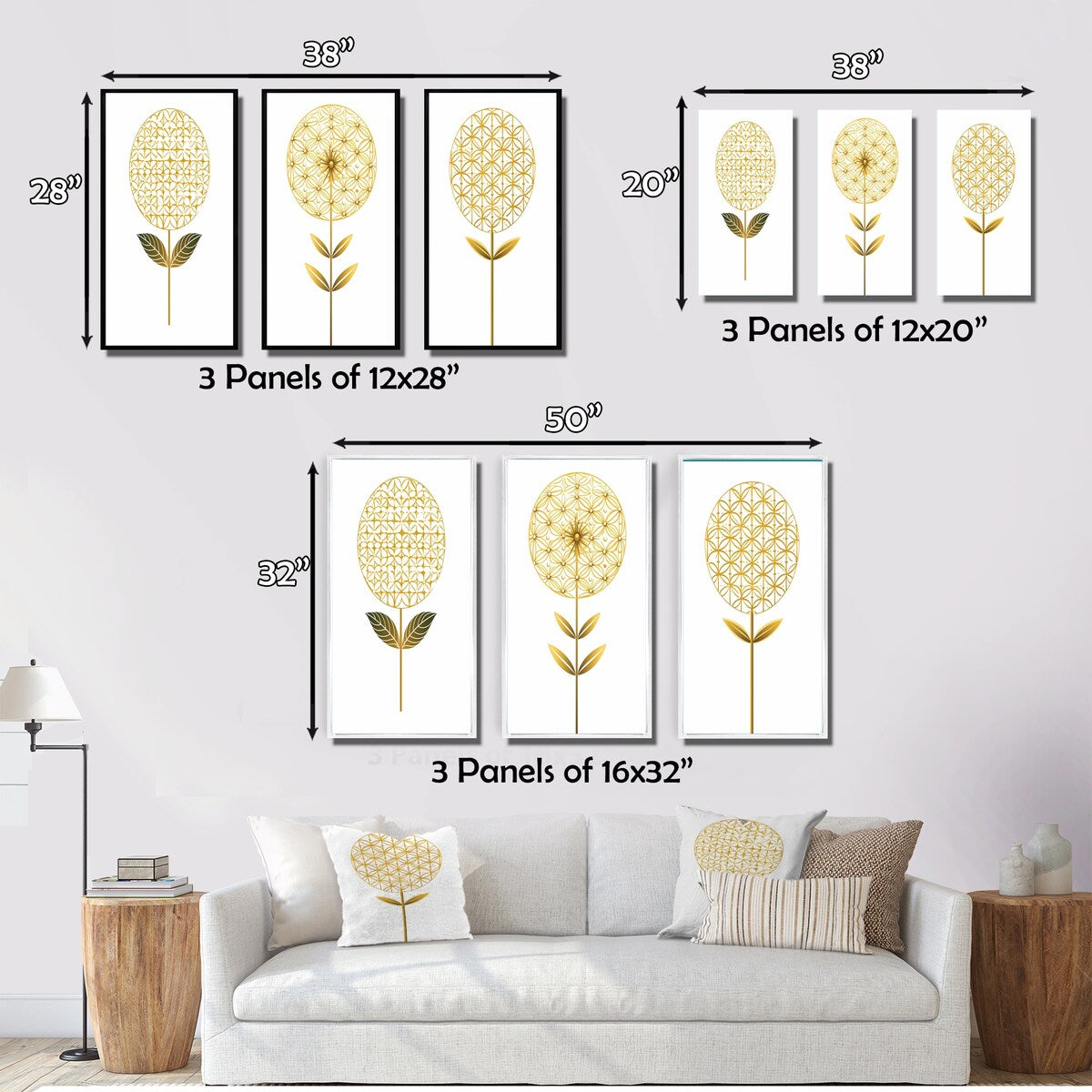 Designart "Blooming Gold Flower Of Life IV" Abstract Botanicals Wall Art Set Of 3 - Modern Printed Art Set For Bedroom