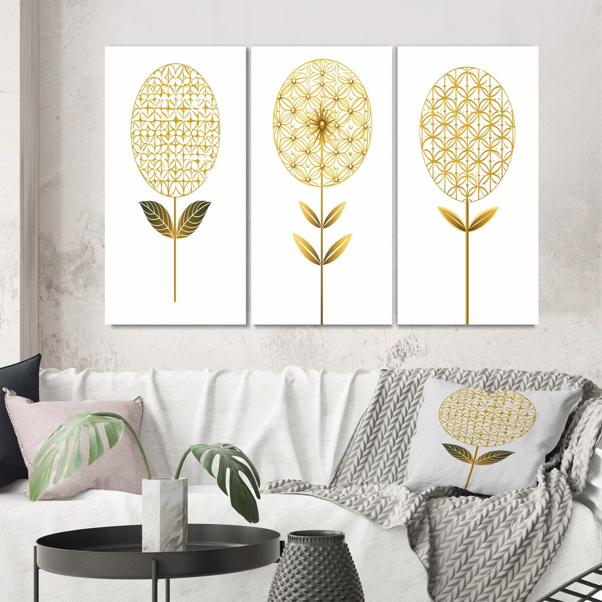 Designart "Blooming Gold Flower Of Life IV" Abstract Botanicals Wall Art Set Of 3 - Modern Printed Art Set For Bedroom