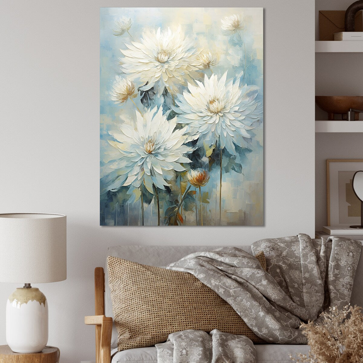 Designart "Blooming Mums In Beige And Blue I" Mums Wall Art