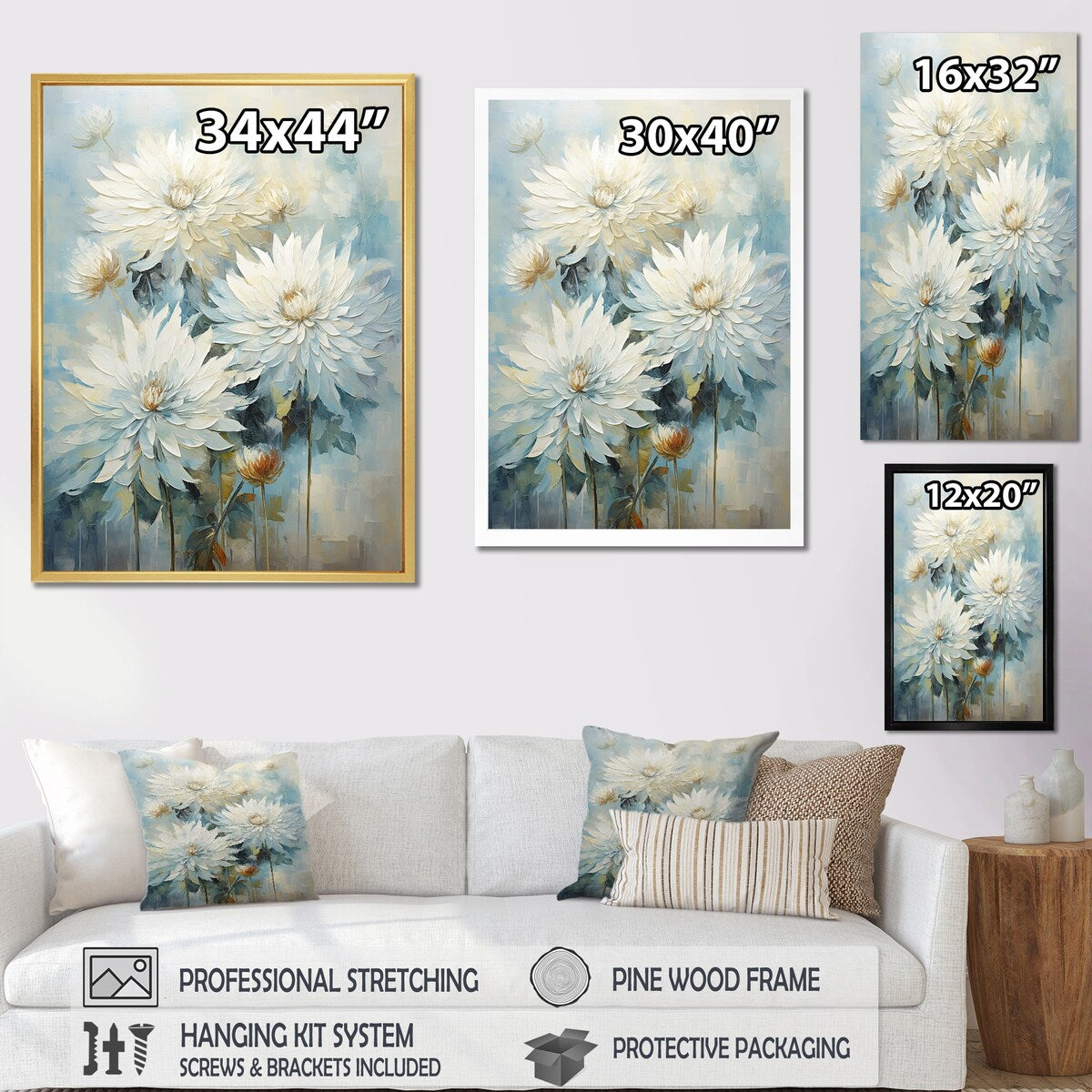 Designart "Blooming Mums In Beige And Blue I" Mums Wall Art