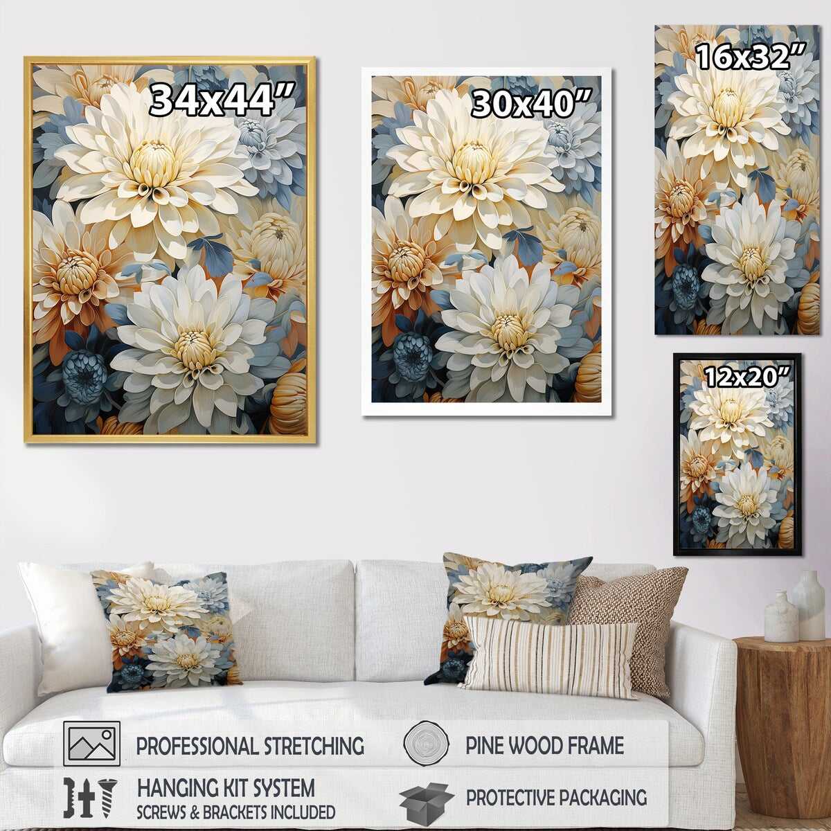 Designart "Blooming Mums Painting In Beige And Blue" Mums Wall Art