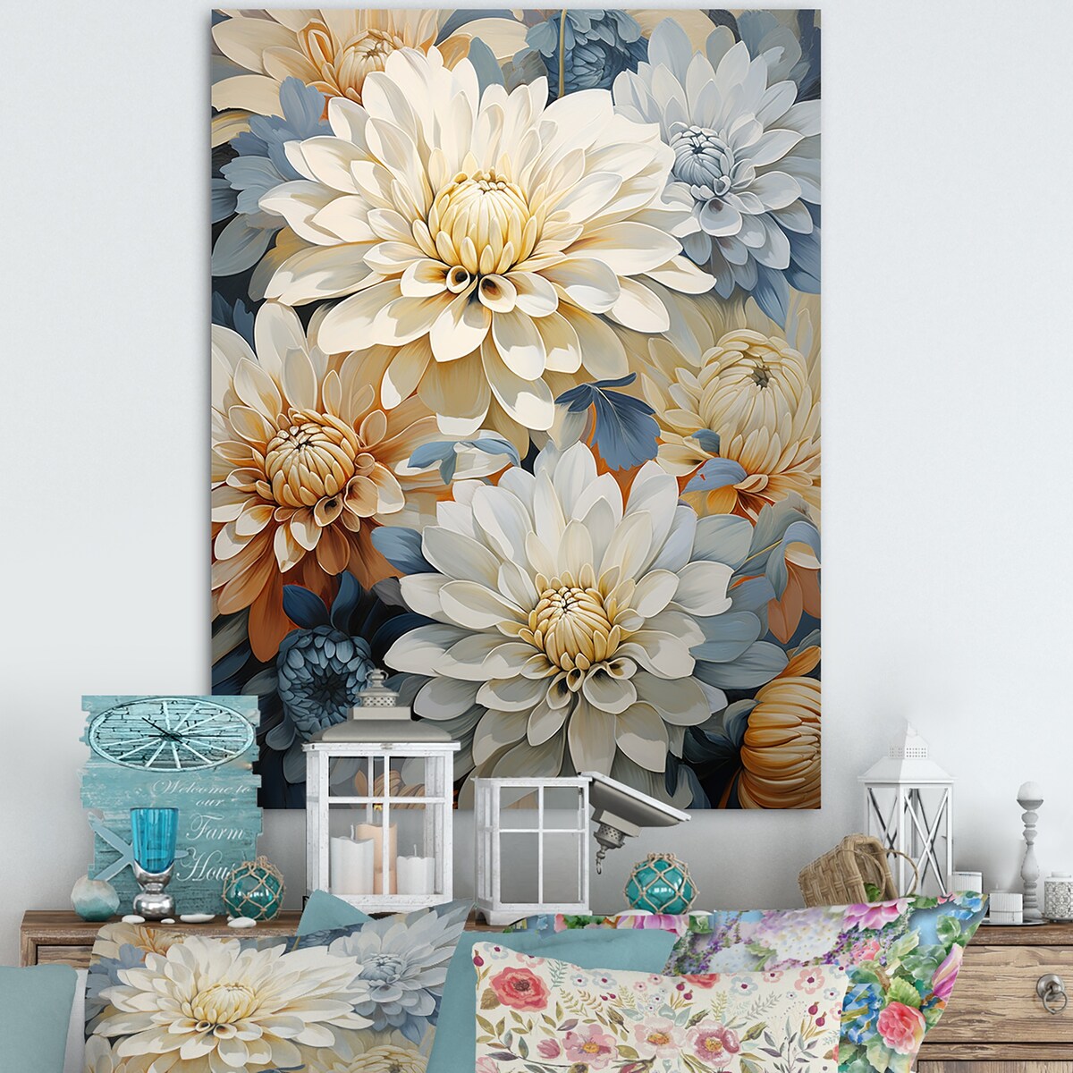 Designart "Blooming Mums Painting In Beige And Blue" Mums Wall Art
