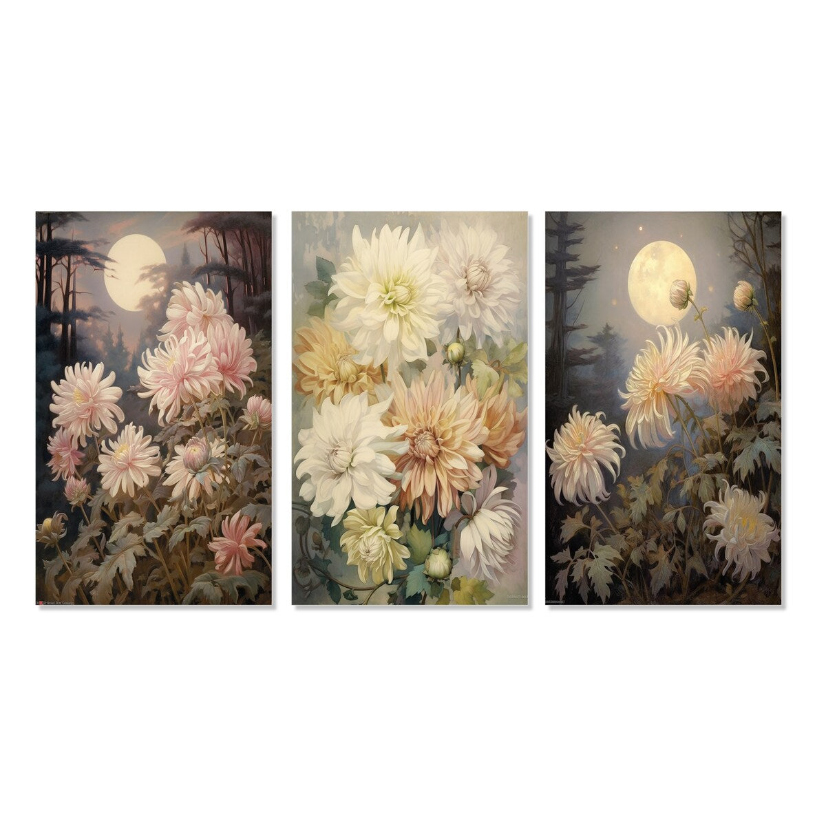 Designart "Blooming Pastel Chrysanthemum Retro Full Moon I" Wildflowers Traditional Gallery Wall Set Of 3 For Home Decor