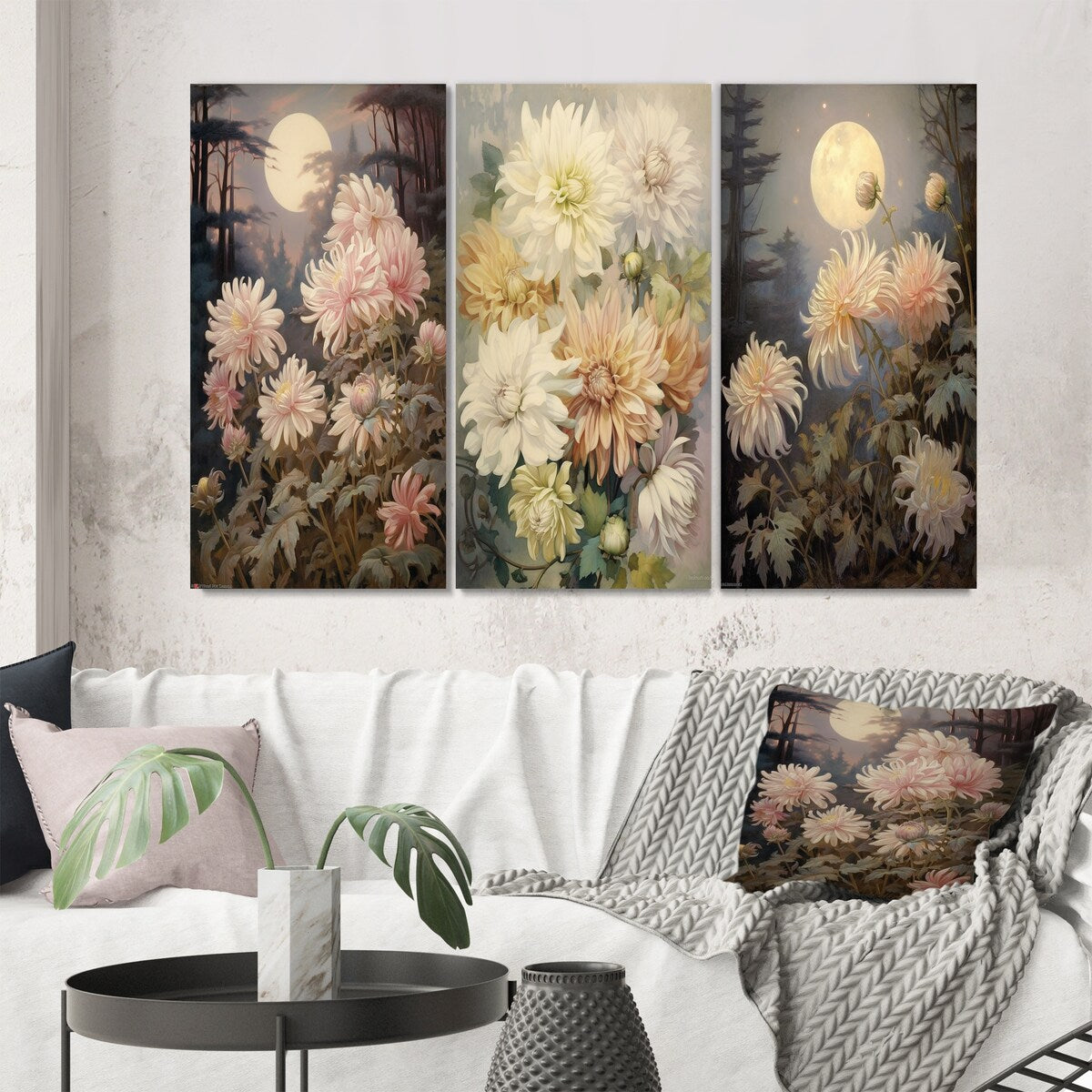 Designart "Blooming Pastel Chrysanthemum Retro Full Moon I" Wildflowers Traditional Gallery Wall Set Of 3 For Home Decor