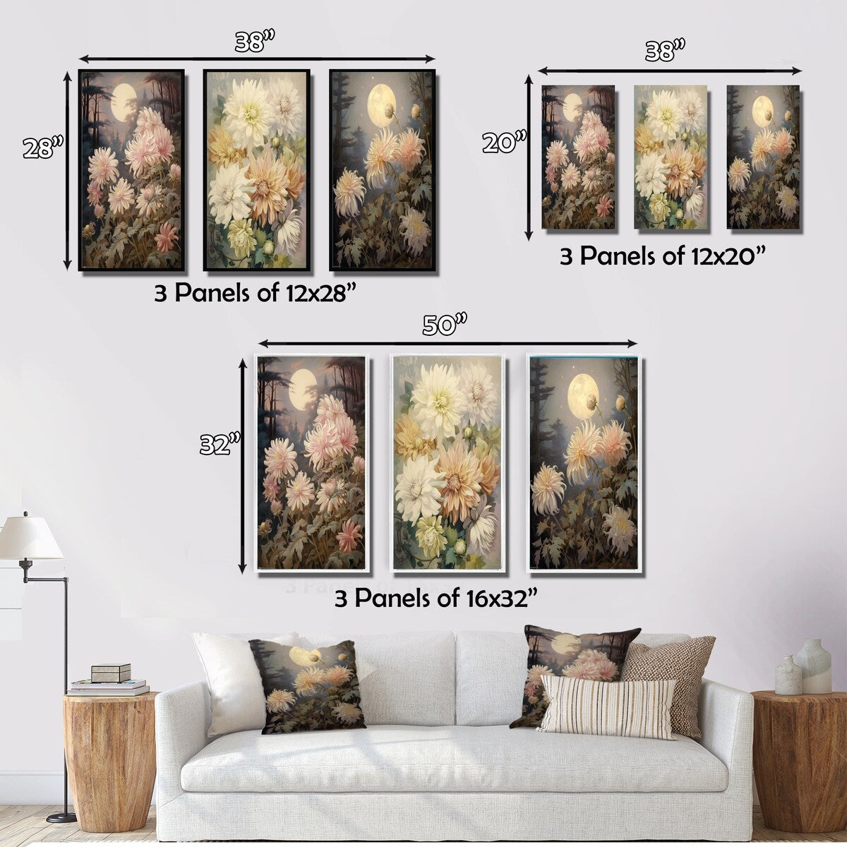Designart "Blooming Pastel Chrysanthemum Retro Full Moon I" Wildflowers Traditional Gallery Wall Set Of 3 For Home Decor